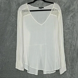 Ambiance 2X Shirt Top White Solid Long Sleeve V Neck Split Back Lace Trim Knit